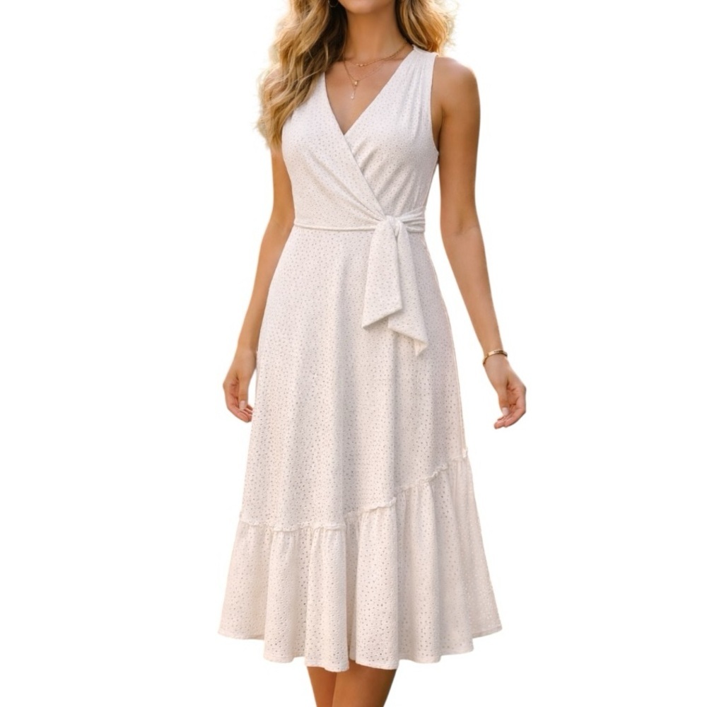 NWT Signature By Robbie Bee 8 White Sleeveless Eyelet Faux Wrap Dress